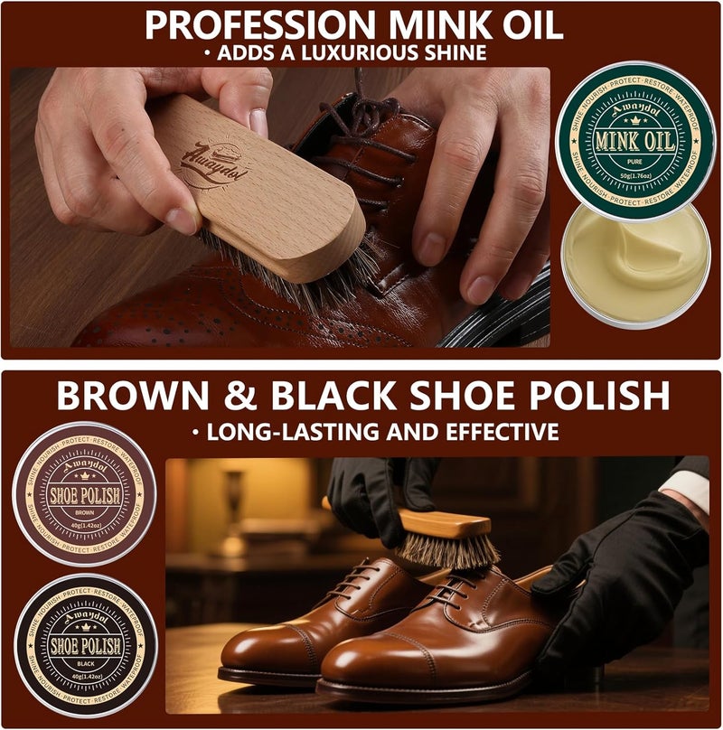 Awaydol 10 PCS Shoe Polish Kit - Horsehair Brushes, Black Brown Polish Cream,Mink Oil Conditioner for Shoes,Polishing Cloth, Leather Boots Shine Care Kit ﻿Gift for Men Cowboy Husband Dad ﻿ - Image 5